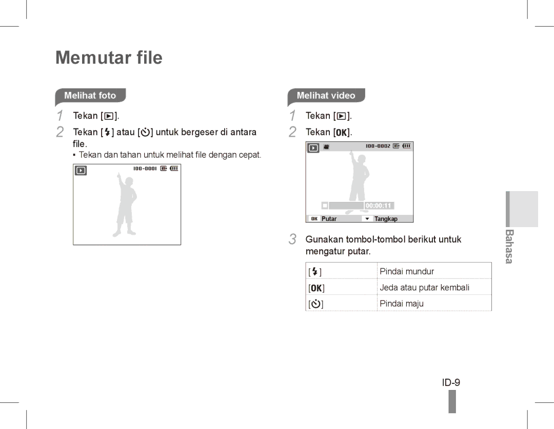 Samsung EC-ES55ZBBP/FR manual Memutar file, ID-9, Melihat foto, Tekan Atau untuk bergeser di antara File, Melihat video 