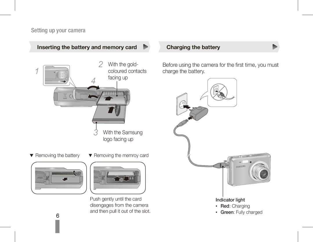 Samsung EC-ES55ZABA/IT, EC-ES55ZPBP/FR manual Inserting the battery and memory card Charging the battery, With the gold 