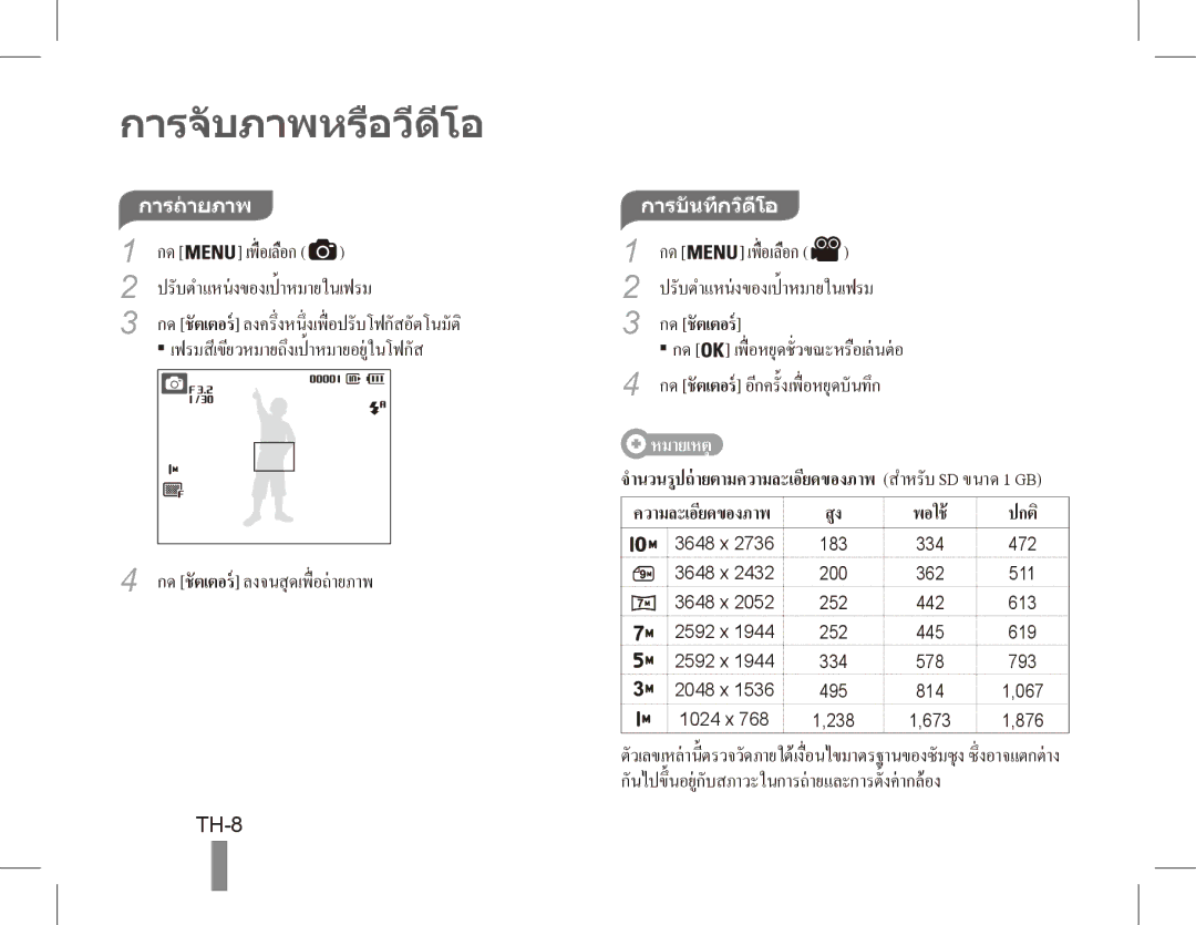 Samsung EC-ES55ZPBP/SA, EC-ES55ZPBP/FR, EC-ES55ZSBP/FR, EC-ES55ZABP/FR, EC-ES55ZBBP/FR manual การจับภาพหรือวีดีโอ, TH-8 