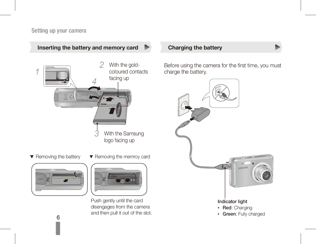 Samsung EC-ES55ZABP/ME, EC-ES55ZPBP/FR manual Inserting the battery and memory card Charging the battery, With the gold 