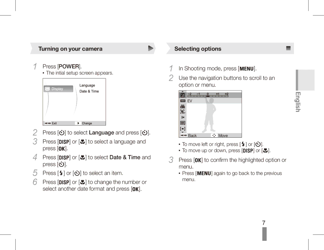 Samsung EC-ES55ZABP/VN, EC-ES55ZPBP/FR, EC-ES55ZSBP/FR, EC-ES55ZABP/FR manual Turning on your camera, Selecting options 