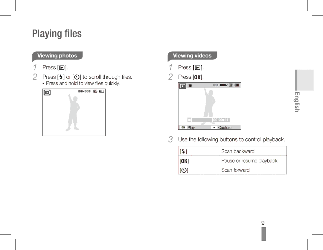 Samsung EC-ES55ZSBP/VN manual Playing files, Viewing photos, Viewing videos, Use the following buttons to control playback 