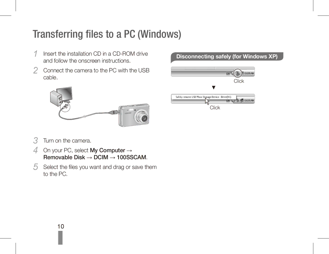 Samsung EC-ES55ZPBP/VN, EC-ES55ZPBP/FR manual Transferring files to a PC Windows, Disconnecting safely for Windows XP 