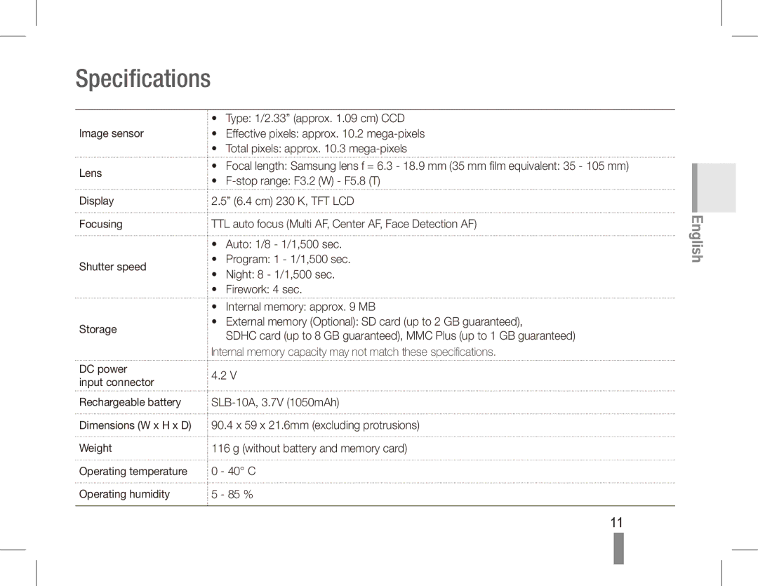 Samsung EC-ES55ZBBP/E3, EC-ES55ZPBP/FR, EC-ES55ZSBP/FR, EC-ES55ZABP/FR, EC-ES55ZBBP/FR, EC-ES55ZSBP/IT manual Specifications 