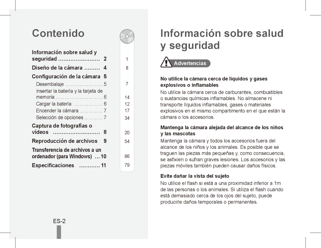 Samsung EC-ES55ZABP/E1 manual Contenido, Información sobre salud y seguridad, ES-2, Especificaciones… …………, Advertencias 