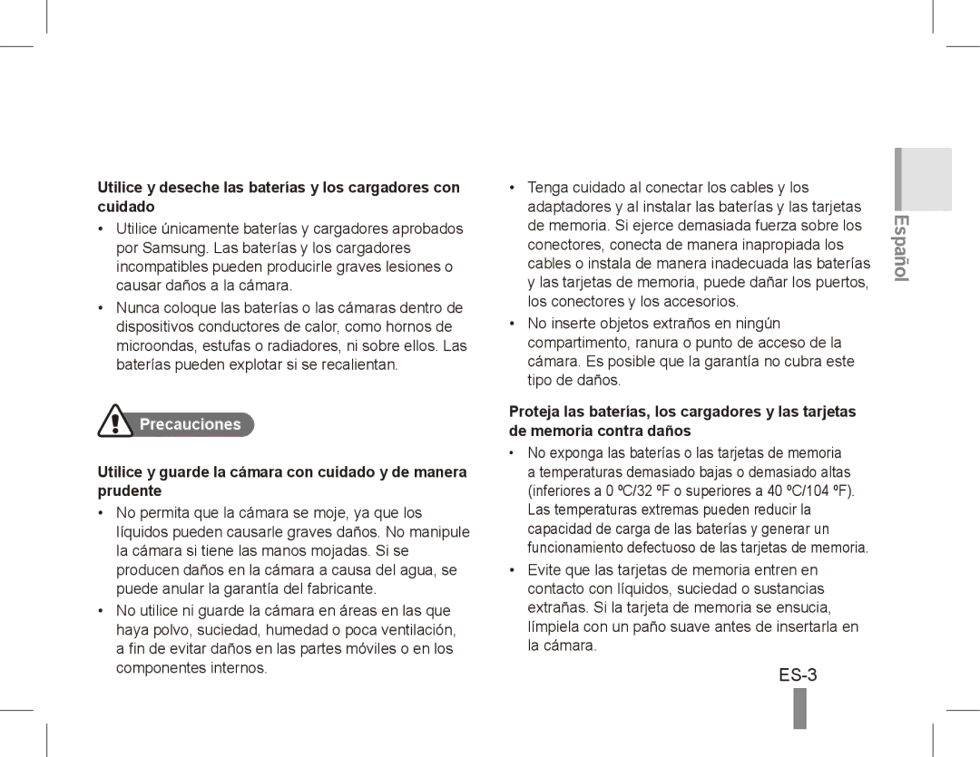 Samsung EC-ES55ZSBP/E1, EC-ES55ZPBP/FR ES-3, Utilice y deseche las baterías y los cargadores con cuidado, Precauciones 