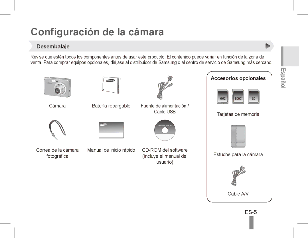 Samsung EC-ES55ZBBP/E1, EC-ES55ZPBP/FR, EC-ES55ZSBP/FR Configuración de la cámara, ES-5, Desembalaje, Accesorios opcionales 