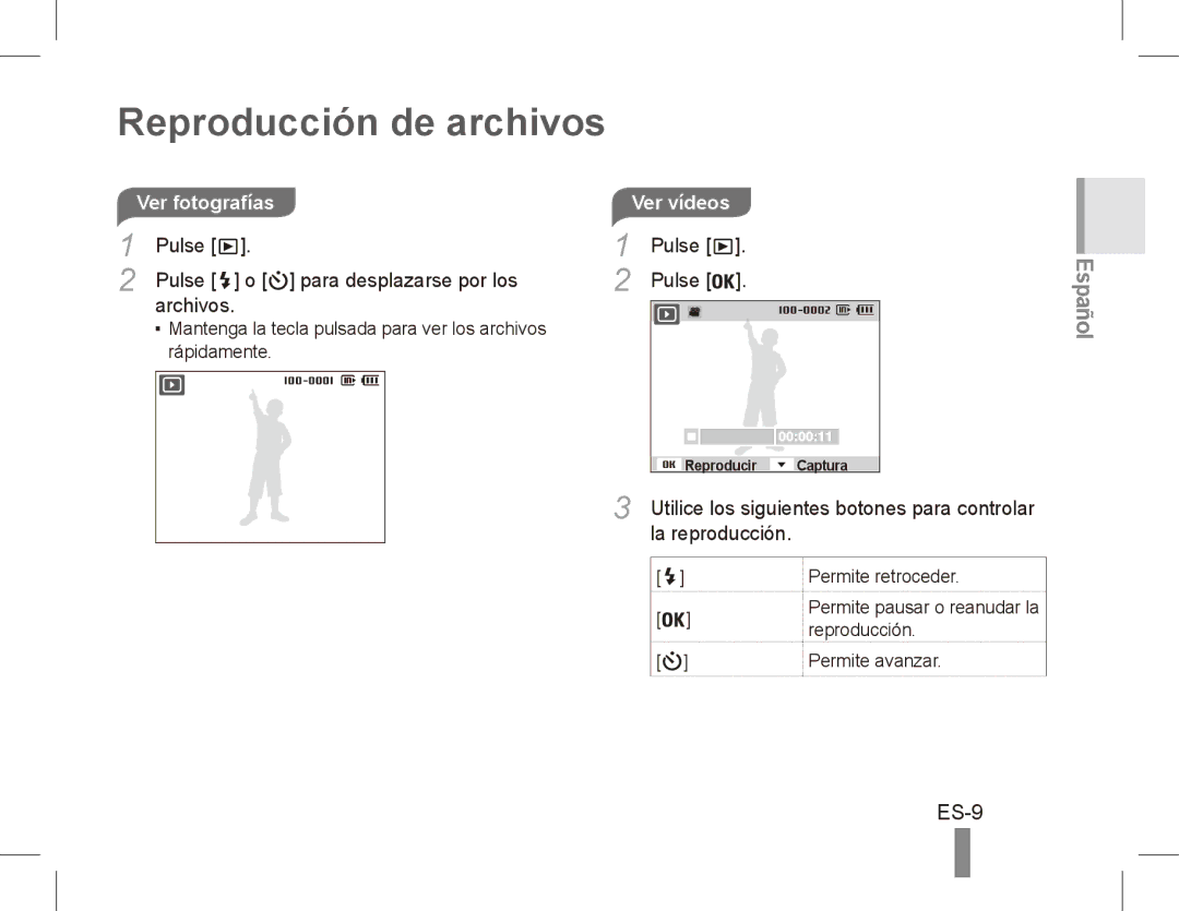 Samsung EC-ES55ZPBP/ME manual Reproducción de archivos, ES-9, Ver fotografías, Pulse Para desplazarse por los Archivos 