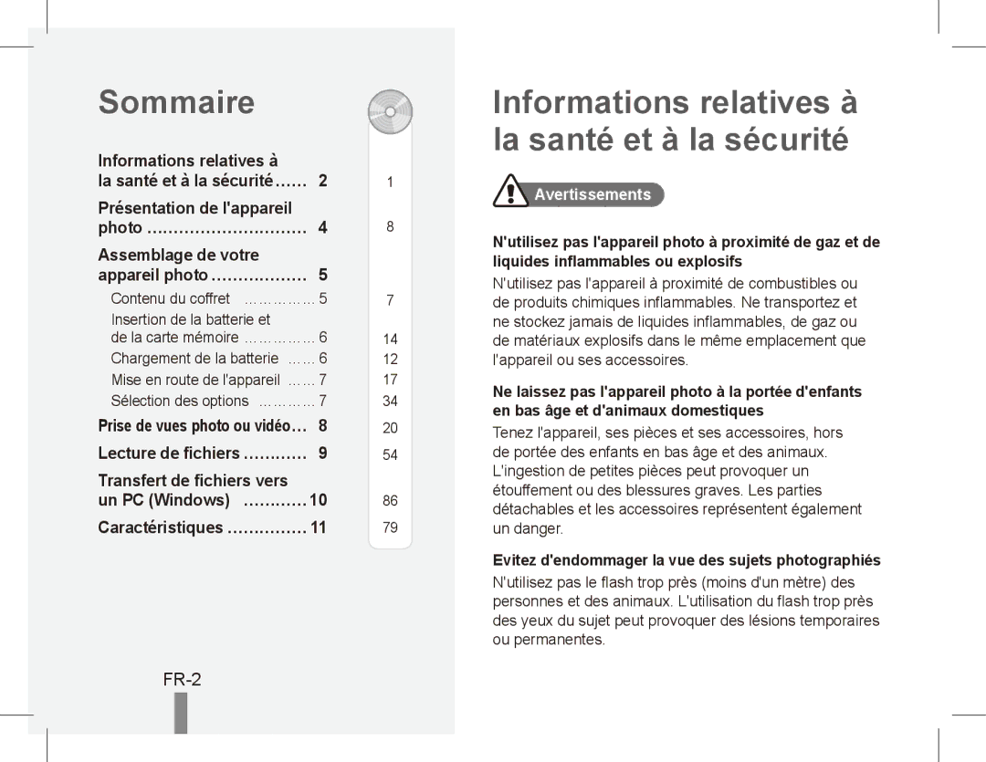 Samsung EC-ES55ZPBP/SA, EC-ES55ZPBP/FR Sommaire, Informations relatives à la santé et à la sécurité, FR-2, Avertissements 