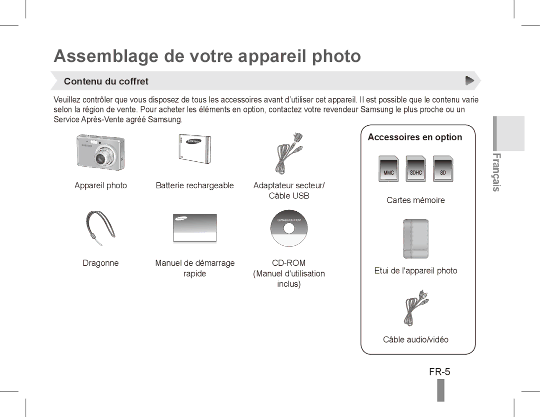 Samsung EC-ES55ZSBP/SA, EC-ES55ZPBP/FR Assemblage de votre appareil photo, FR-5, Contenu du coffret, Accessoires en option 