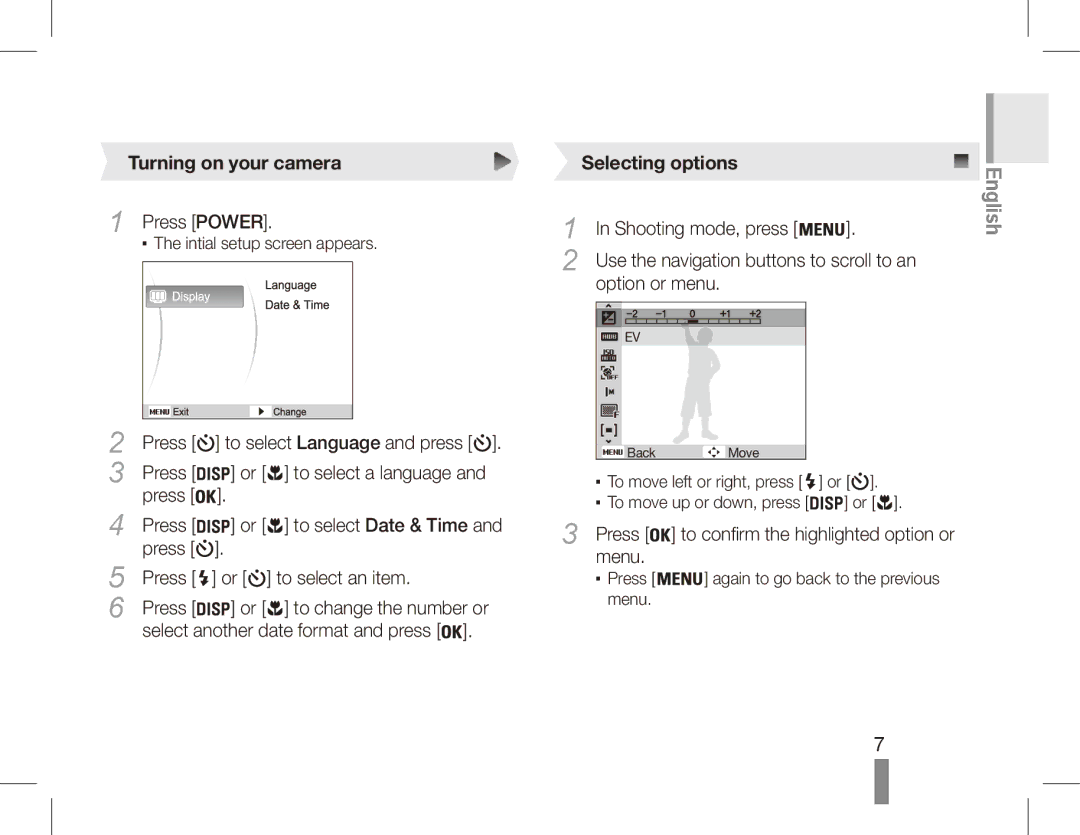 Samsung EC-ES55ZBBP/IT, EC-ES55ZPBP/FR, EC-ES55ZSBP/FR, EC-ES55ZABP/FR manual Turning on your camera, Selecting options 