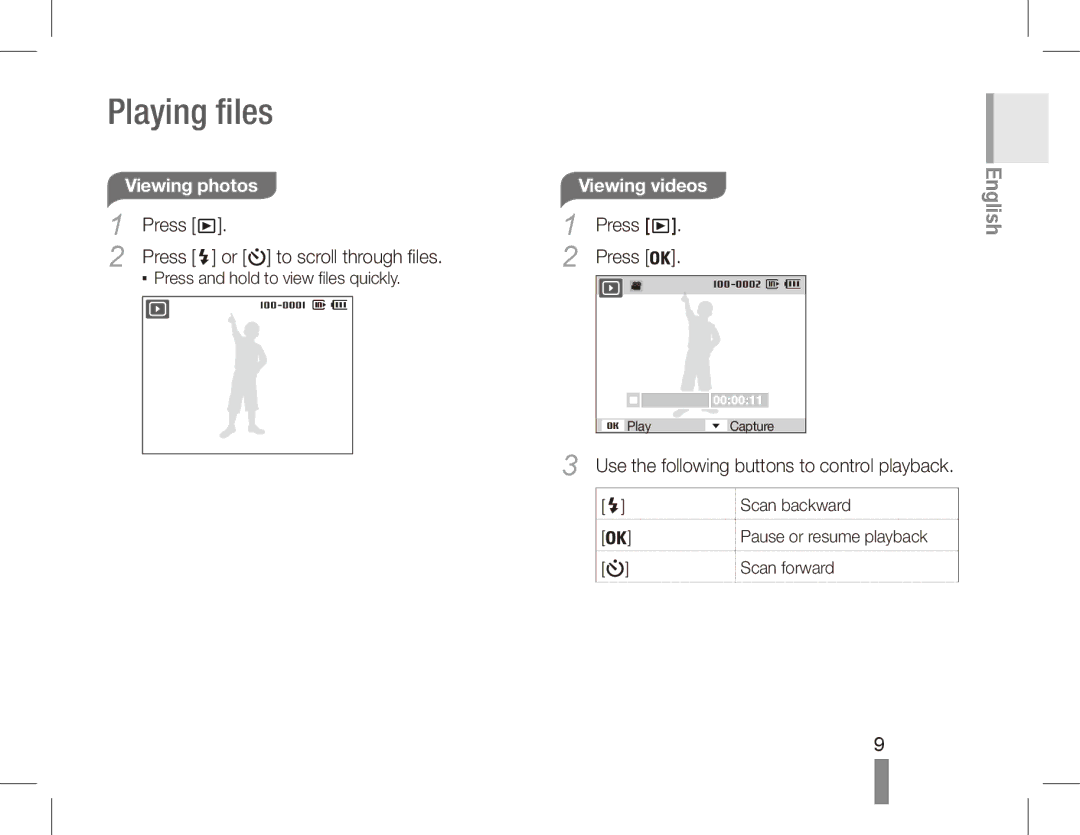 Samsung EC-ES55ZSBA/IT manual Playing files, Viewing photos, Viewing videos, Use the following buttons to control playback 