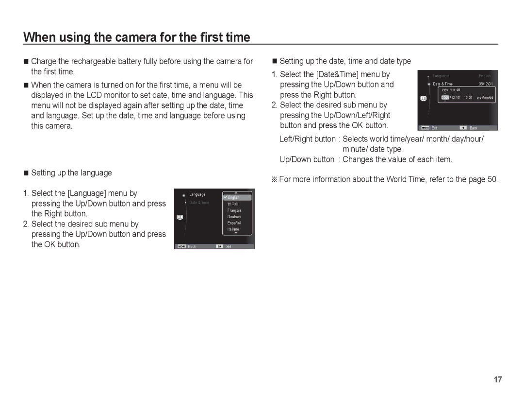 Samsung EC-ES55ZBDP/ME manual When using the camera for the ﬁrst time, For more information about the World Time, refer to 