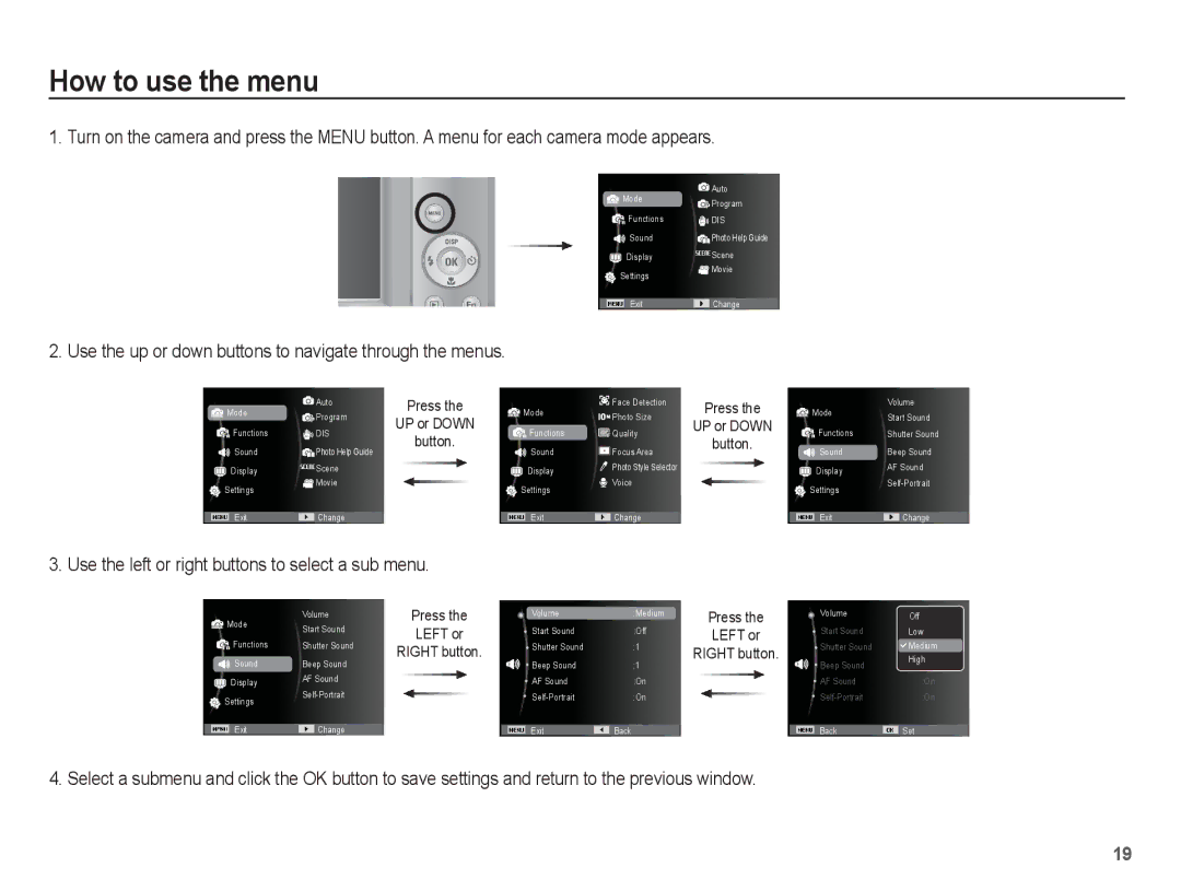 Samsung EC-ES55ZBBP/SA, EC-ES55ZPBP/FR manual How to use the menu, Use the up or down buttons to navigate through the menus 