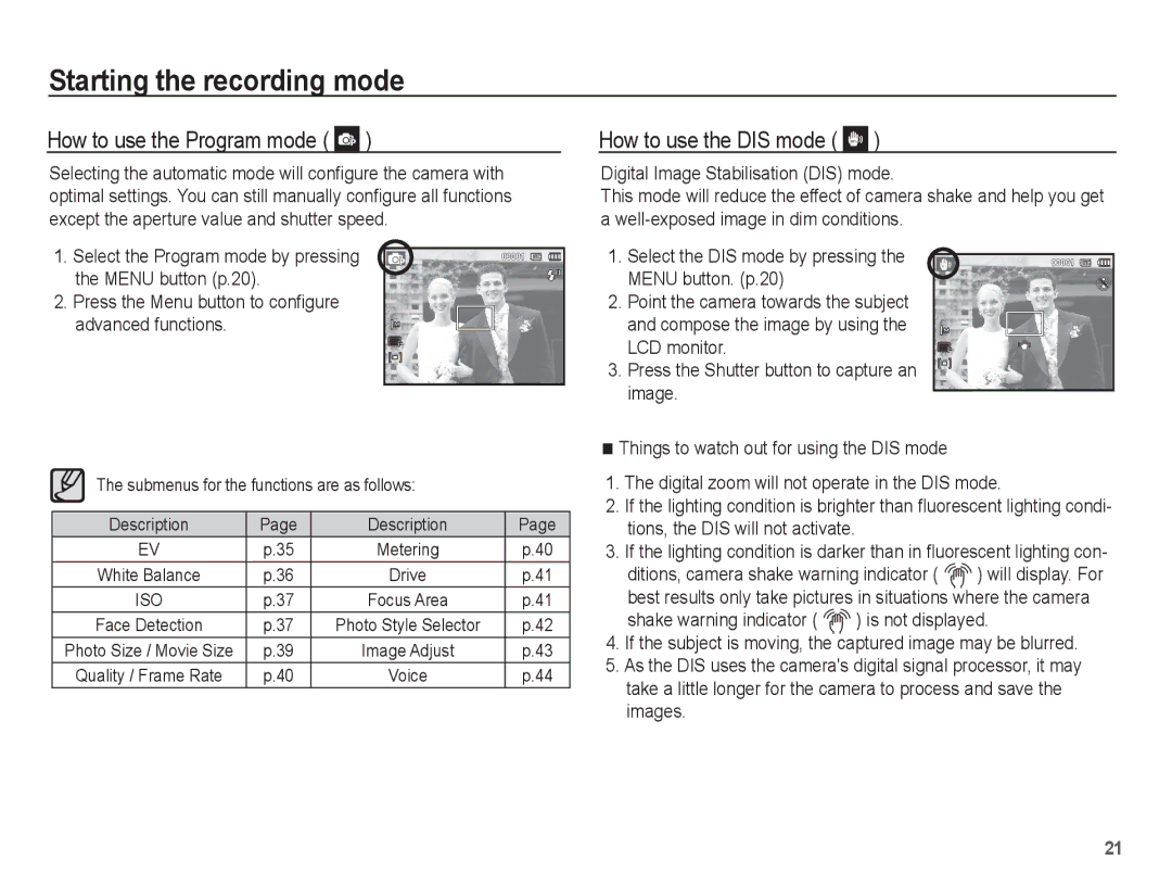 Samsung EC-ES55ZPBP/SA, EC-ES55ZPBP/FR, EC-ES55ZSBP/FR, EC-ES55ZABP/FR How to use the Program mode, How to use the DIS mode 