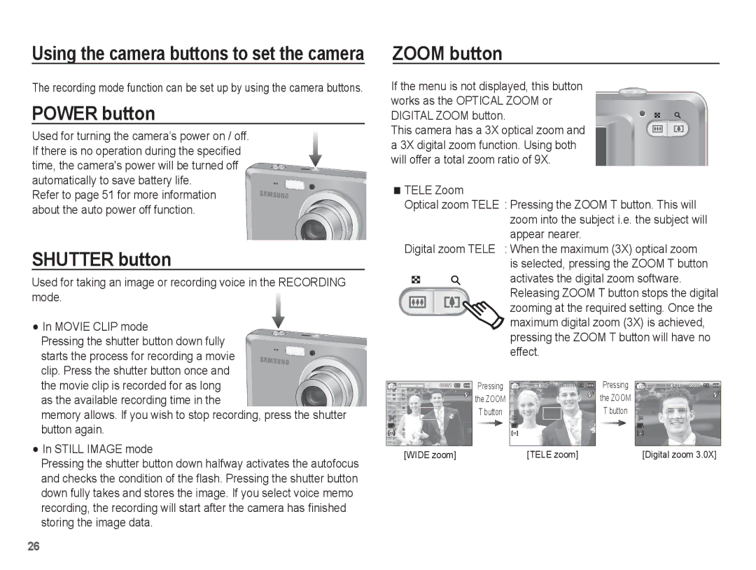 Samsung EC-ES55ZABP/VN, EC-ES55ZPBP/FR, EC-ES55ZSBP/FR, EC-ES55ZABP/FR manual Power button, Shutter button, Zoom button 