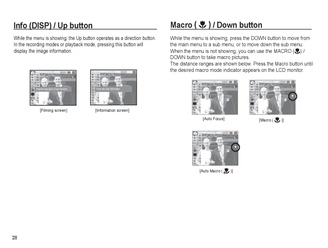 Samsung EC-ES55ZSBP/VN, EC-ES55ZPBP/FR, EC-ES55ZSBP/FR, EC-ES55ZABP/FR manual Info Disp / Up button, Macro / Down button 