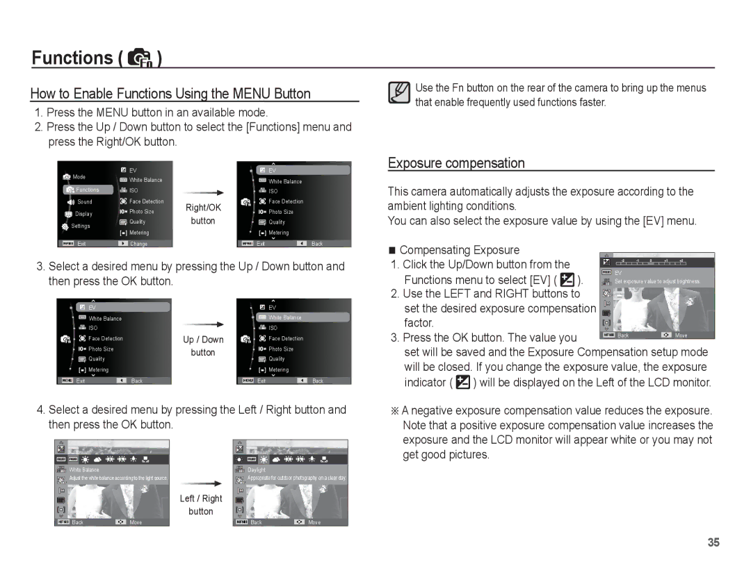 Samsung EC-ES55ZABP/E2, EC-ES55ZPBP/FR, EC-ES55ZSBP/FR How to Enable Functions Using the Menu Button, Exposure compensation 