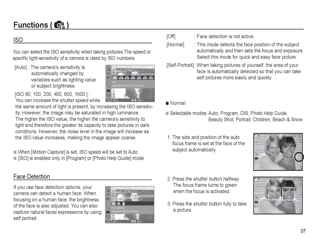 Samsung EC-ES55ZSBP/E2, EC-ES55ZPBP/FR, EC-ES55ZSBP/FR, EC-ES55ZABP/FR, EC-ES55ZBBP/FR, EC-ES55ZSBP/IT manual Face Detection 