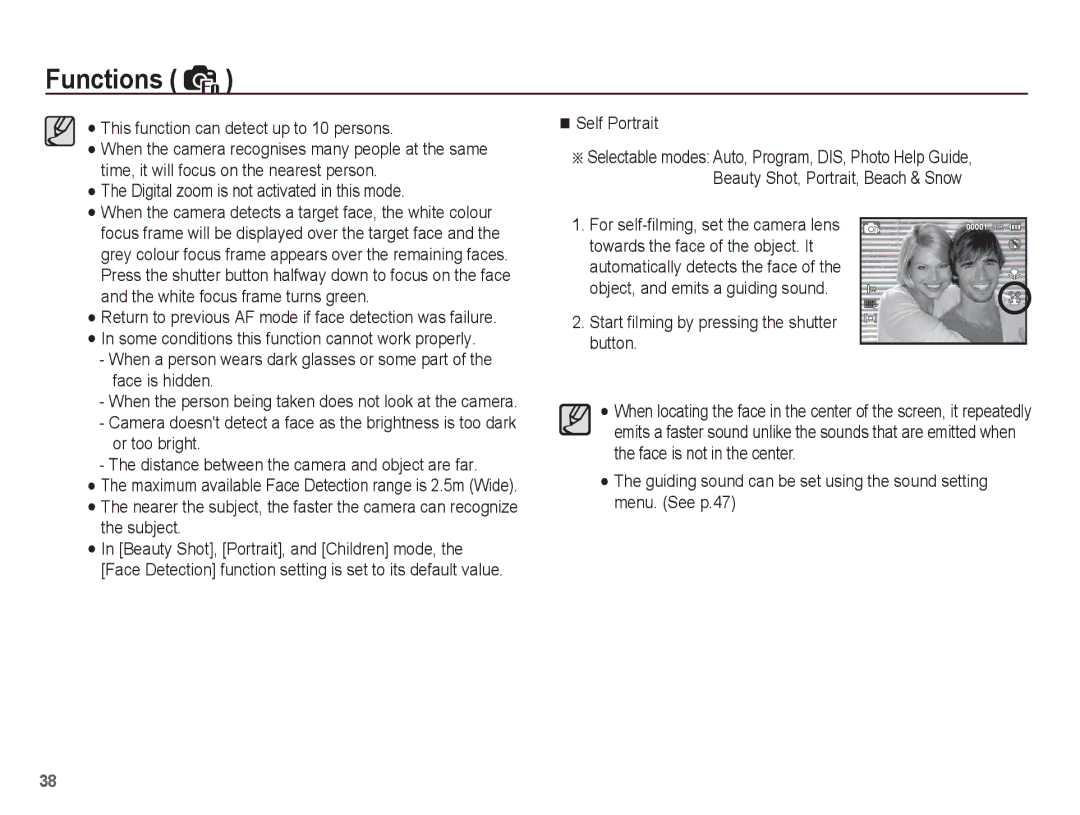 Samsung EC-ES55ZPBP/E2 manual This function can detect up to 10 persons, Digital zoom is not activated in this mode 