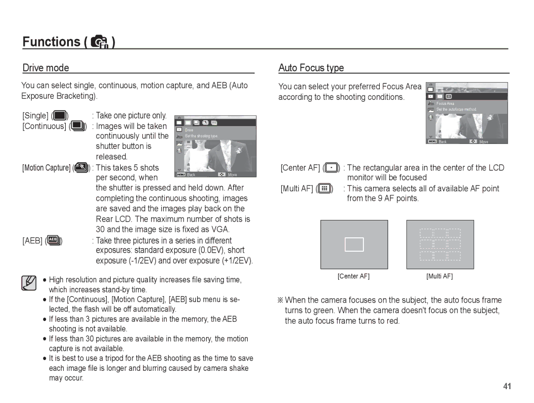 Samsung EC-ES55ZABA/E3, EC-ES55ZPBP/FR, EC-ES55ZSBP/FR, EC-ES55ZABP/FR, EC-ES55ZBBP/FR manual Drive mode, Auto Focus type 