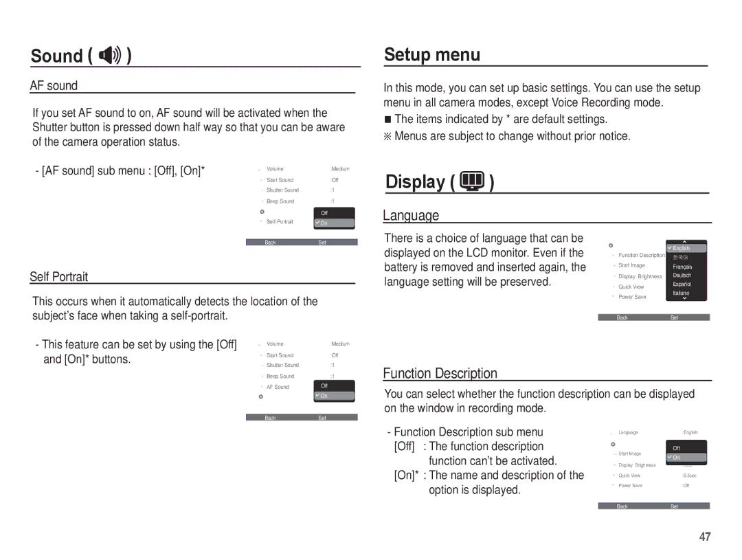 Samsung EC-ES55ZABP/FR, EC-ES55ZPBP/FR, EC-ES55ZSBP/FR, EC-ES55ZBBP/FR Setup menu, Display, Language, Function Description 