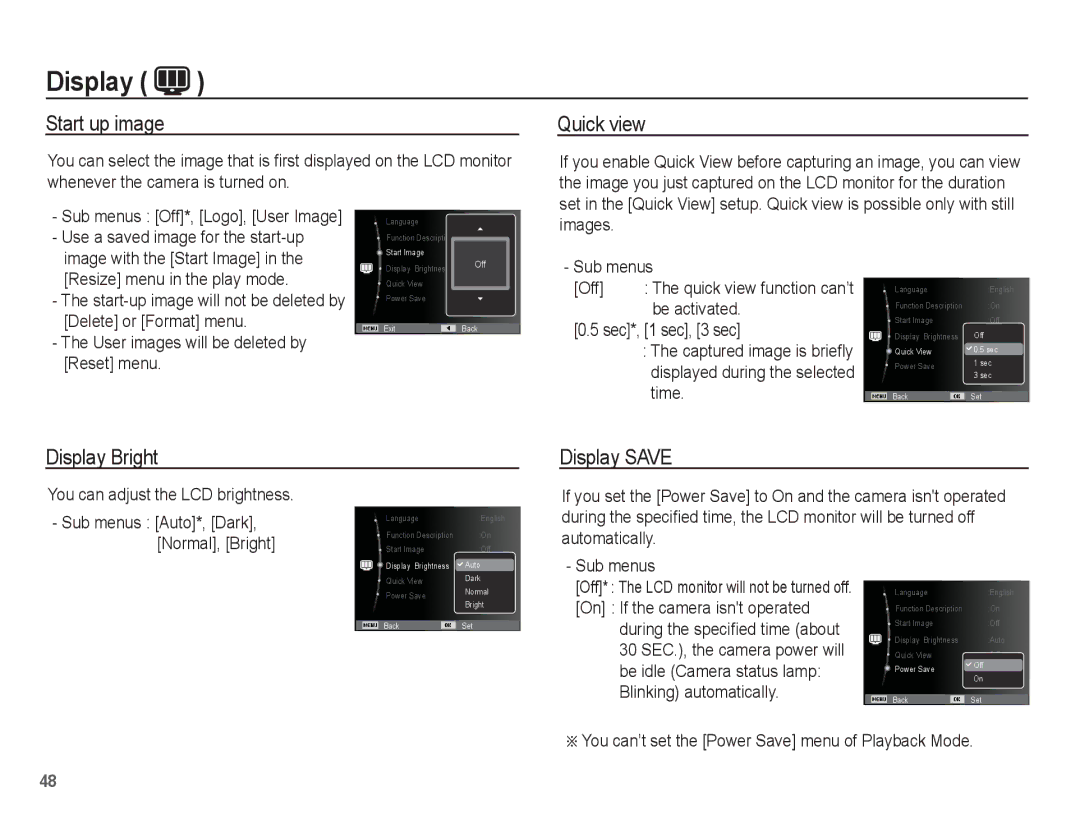 Samsung EC-ES55ZBBP/FR, EC-ES55ZPBP/FR, EC-ES55ZSBP/FR manual Start up image, Quick view, Display Bright, Display Save 