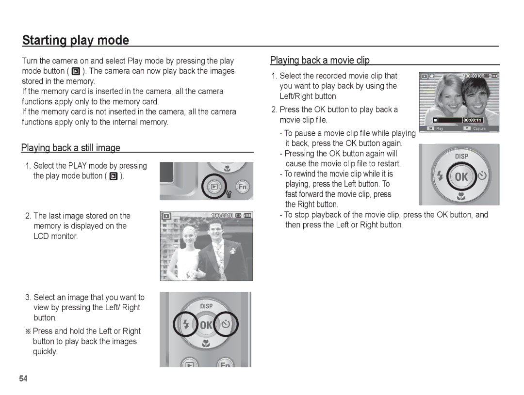 Samsung EC-ES55ZSBA/IT, EC-ES55ZPBP/FR manual Starting play mode, Playing back a still image, Playing back a movie clip 