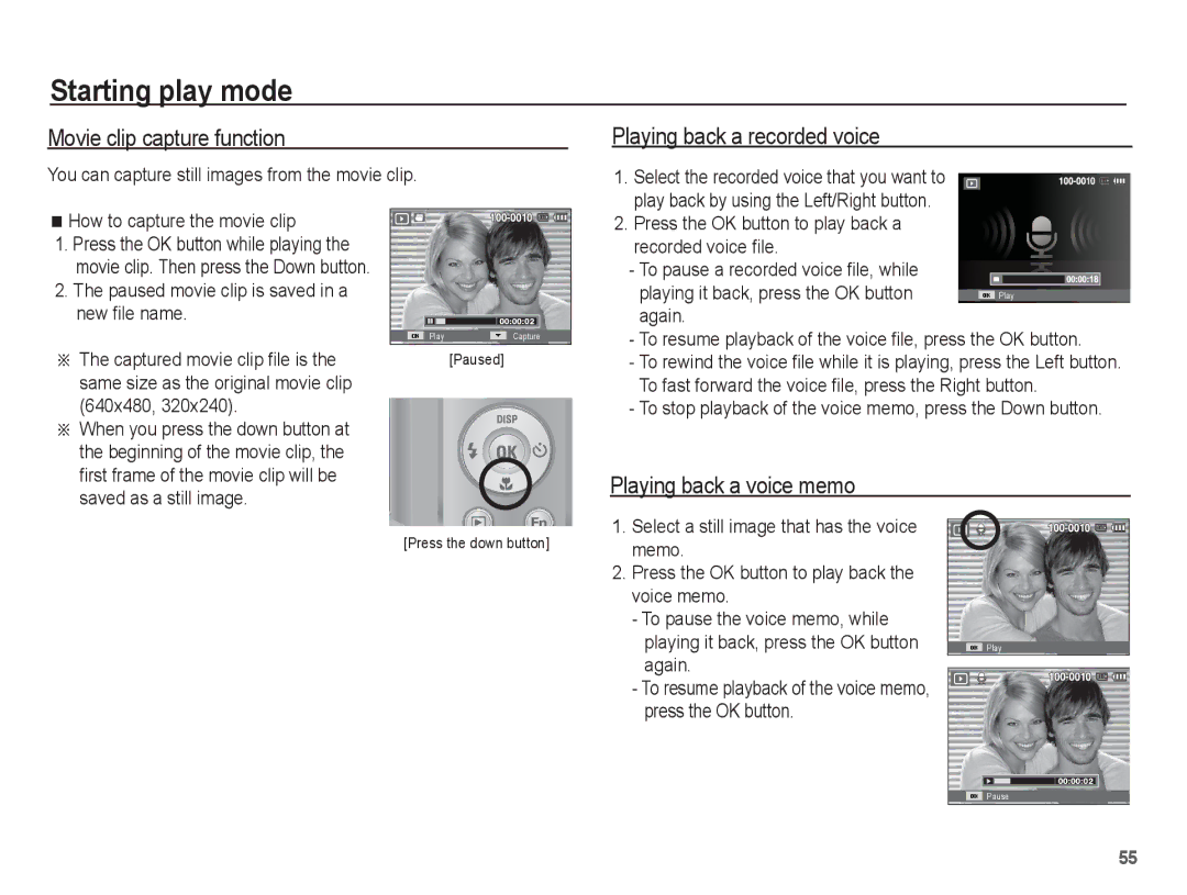 Samsung EC-ES55ZPBP/IT manual Movie clip capture function, Playing back a recorded voice, Playing back a voice memo 