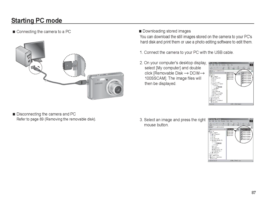 Samsung EC-ES55ZABA/E3, EC-ES55ZPBP/FR manual Downloading stored images, Connect the camera to your PC with the USB cable 