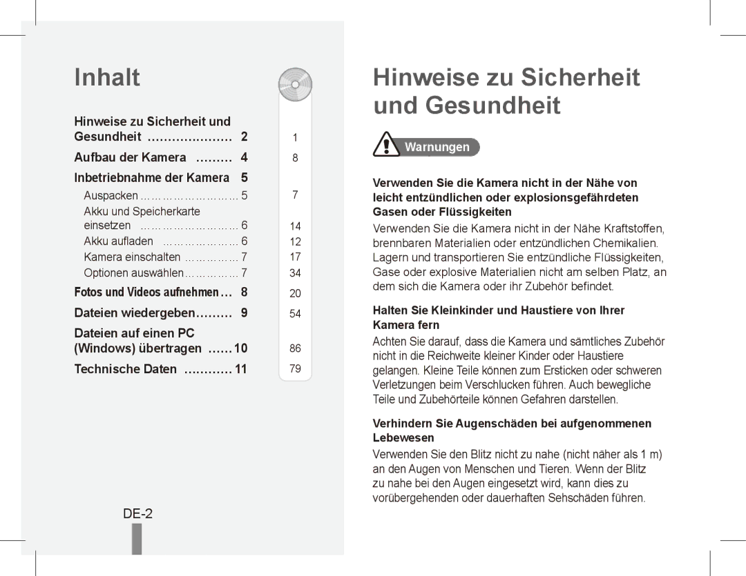 Samsung EC-ES55ZABP/E1 Inhalt, Hinweise zu Sicherheit und Gesundheit, DE-2, Gesundheit… ………………… Aufbau der Kamera… ……… 