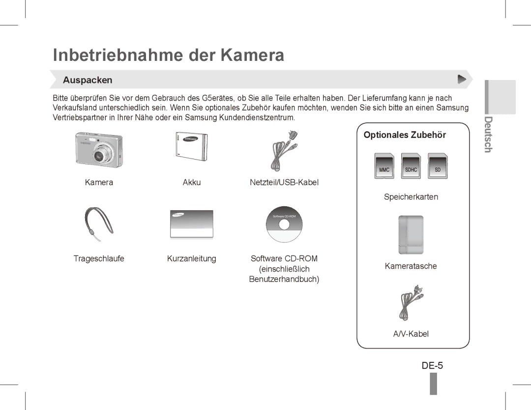 Samsung EC-ES55ZBBP/E1, EC-ES55ZPBP/FR, EC-ES55ZSBP/FR manual Inbetriebnahme der Kamera, DE-5, Auspacken, Optionales Zubehör 