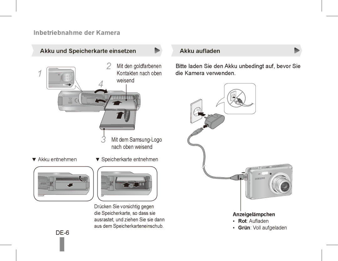 Samsung EC-ES55ZBBP/ZA manual DE-6, Akku und Speicherkarte einsetzen Akku aufladen, Mit den goldfarbenen, Anzeigelämpchen 