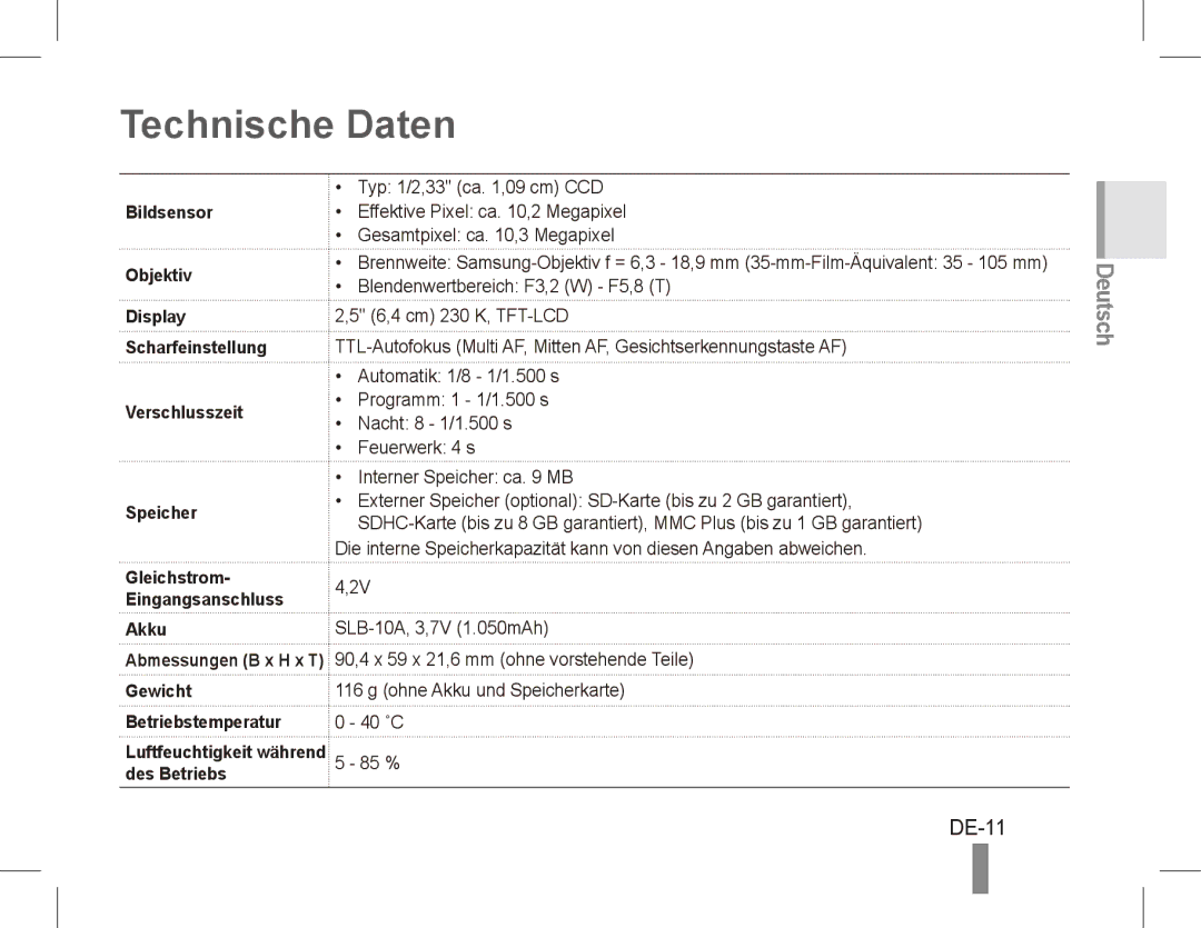 Samsung EC-ES55ZABP/SA, EC-ES55ZPBP/FR, EC-ES55ZSBP/FR, EC-ES55ZABP/FR, EC-ES55ZBBP/FR, EC-ES55ZSBP/IT Technische Daten, DE-11 