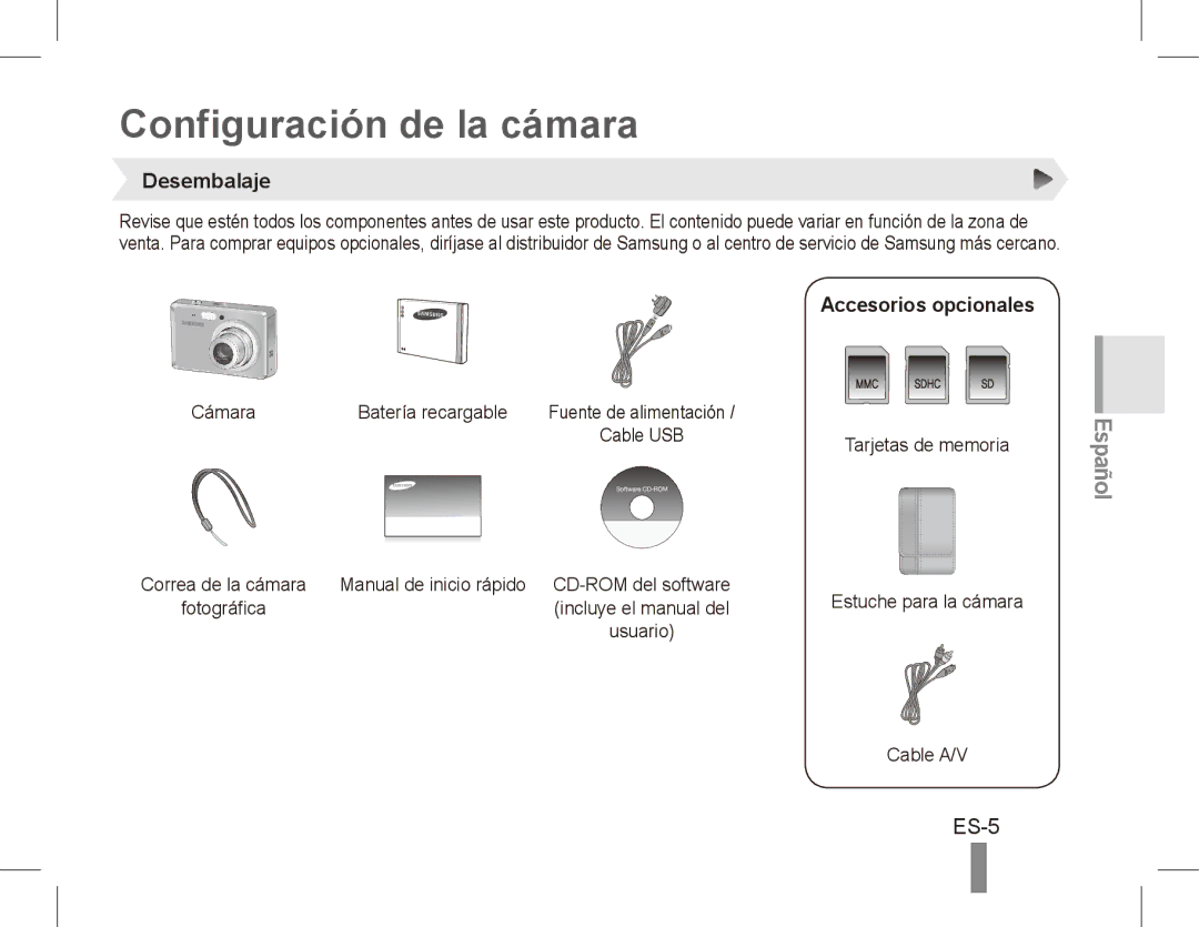 Samsung EC-ES55ZSBP/E3, EC-ES55ZPBP/FR, EC-ES55ZSBP/FR Configuración de la cámara, ES-5, Desembalaje, Accesorios opcionales 