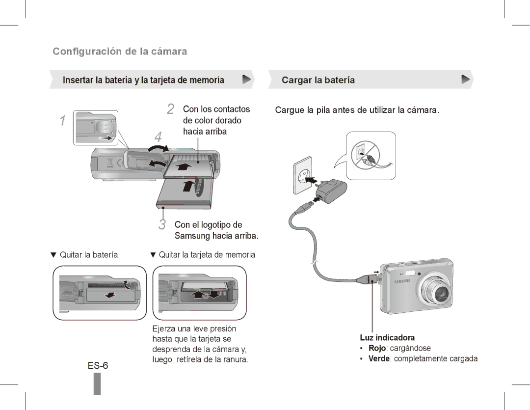 Samsung EC-ES55ZABP/E2 manual ES-6, Con los contactos, De color dorado Hacia arriba Con el logotipo de, Luz indicadora 