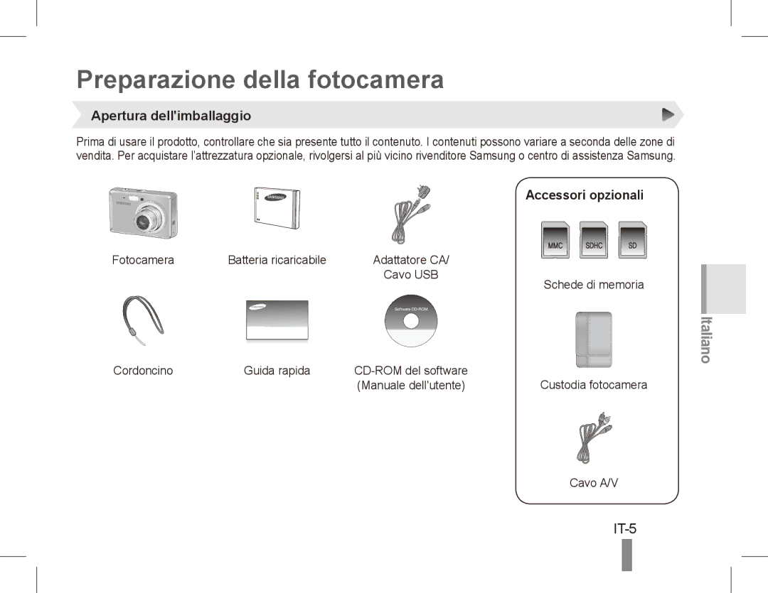 Samsung EC-ES55ZSBA/E3, EC-ES55ZPBP/FR Preparazione della fotocamera, IT-5, Apertura dellimballaggio, Accessori opzionali 