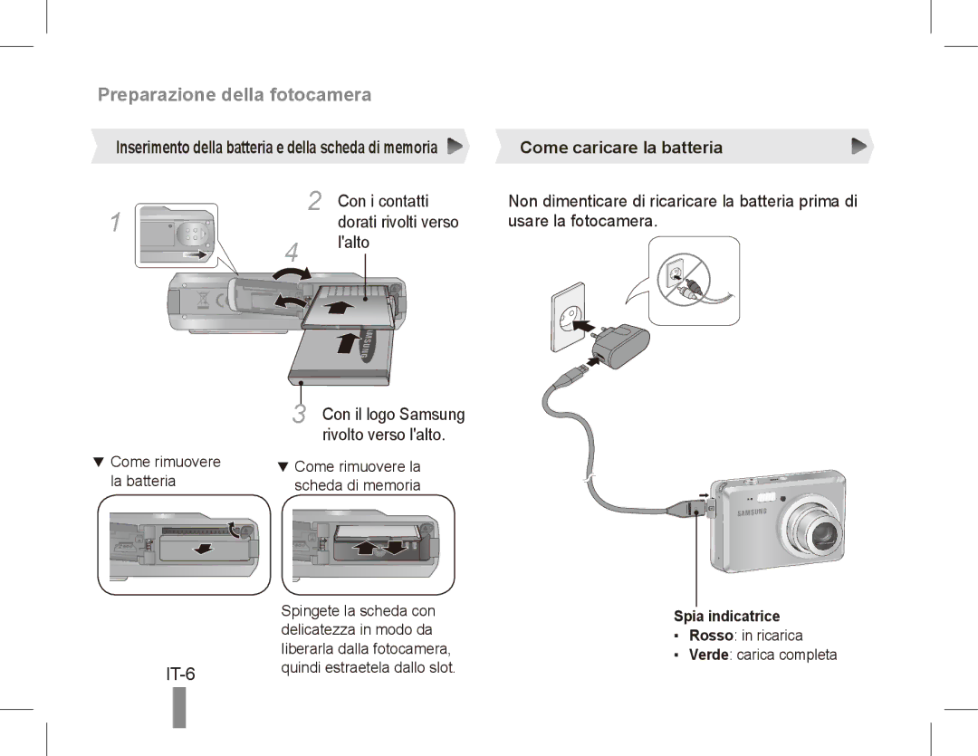 Samsung EC-ES55ZPBP/FR IT-6, Come caricare la batteria, Con i contatti, Dorati rivolti verso Usare la fotocamera Lalto 