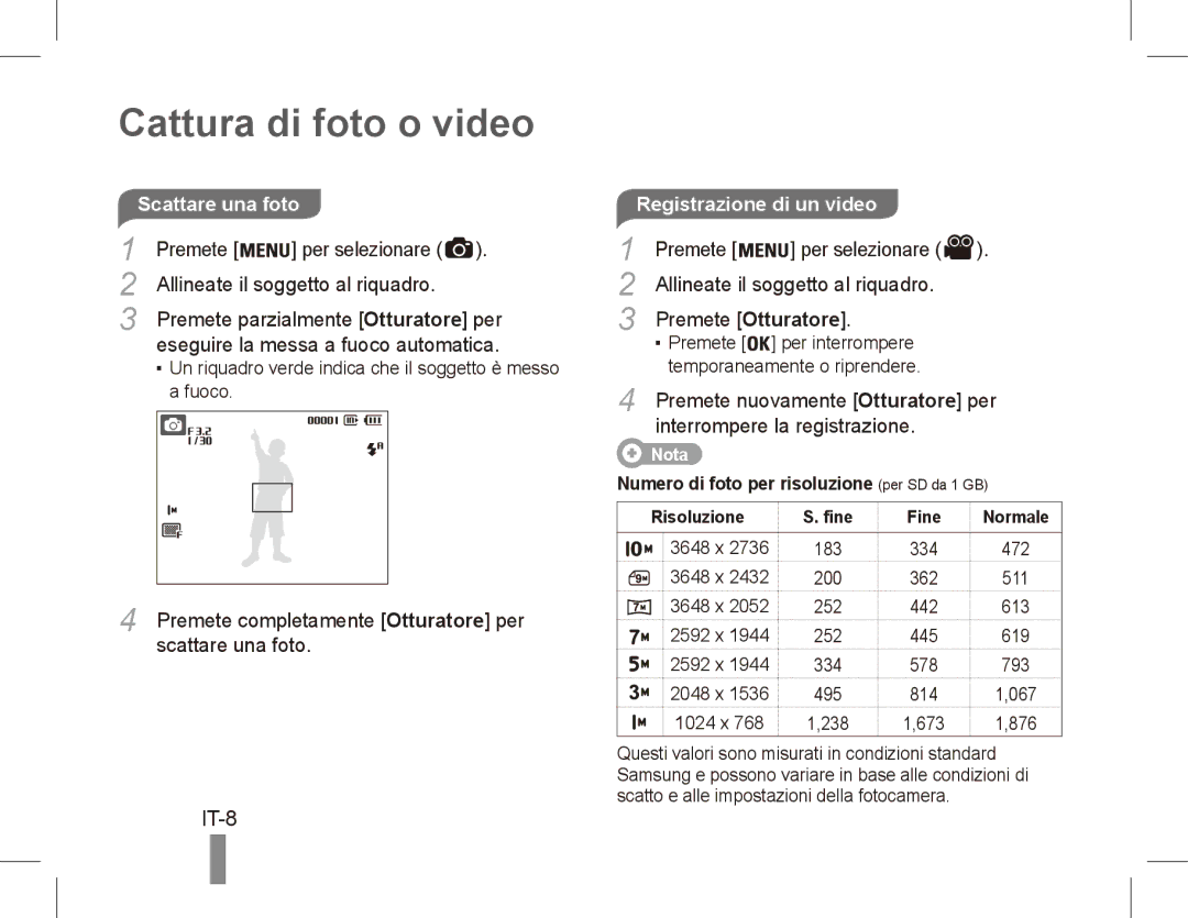 Samsung EC-ES55ZABP/FR Cattura di foto o video, IT-8, Scattare una foto, Premete Otturatore, Interrompere la registrazione 