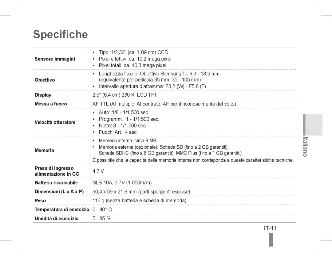 Samsung EC-ES55ZSBP/GB, EC-ES55ZPBP/FR, EC-ES55ZSBP/FR, EC-ES55ZABP/FR, EC-ES55ZBBP/FR, EC-ES55ZSBP/IT manual Specifiche, IT-11 