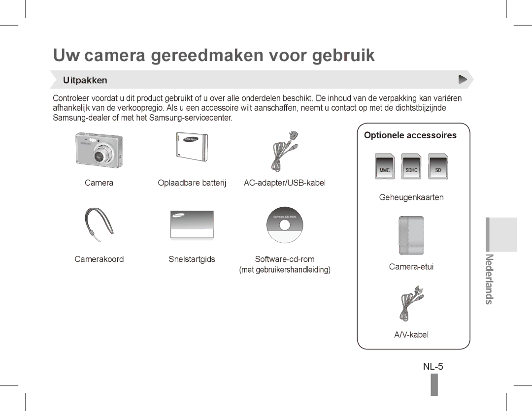 Samsung EC-ES55ZSBA/IT, EC-ES55ZPBP/FR manual Uw camera gereedmaken voor gebruik, NL-5, Uitpakken, Optionele accessoires 