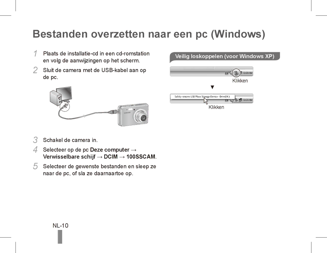 Samsung EC-ES55ZPBP/E1, EC-ES55ZPBP/FR Bestanden overzetten naar een pc Windows, NL-10, Veilig loskoppelen voor Windows XP 