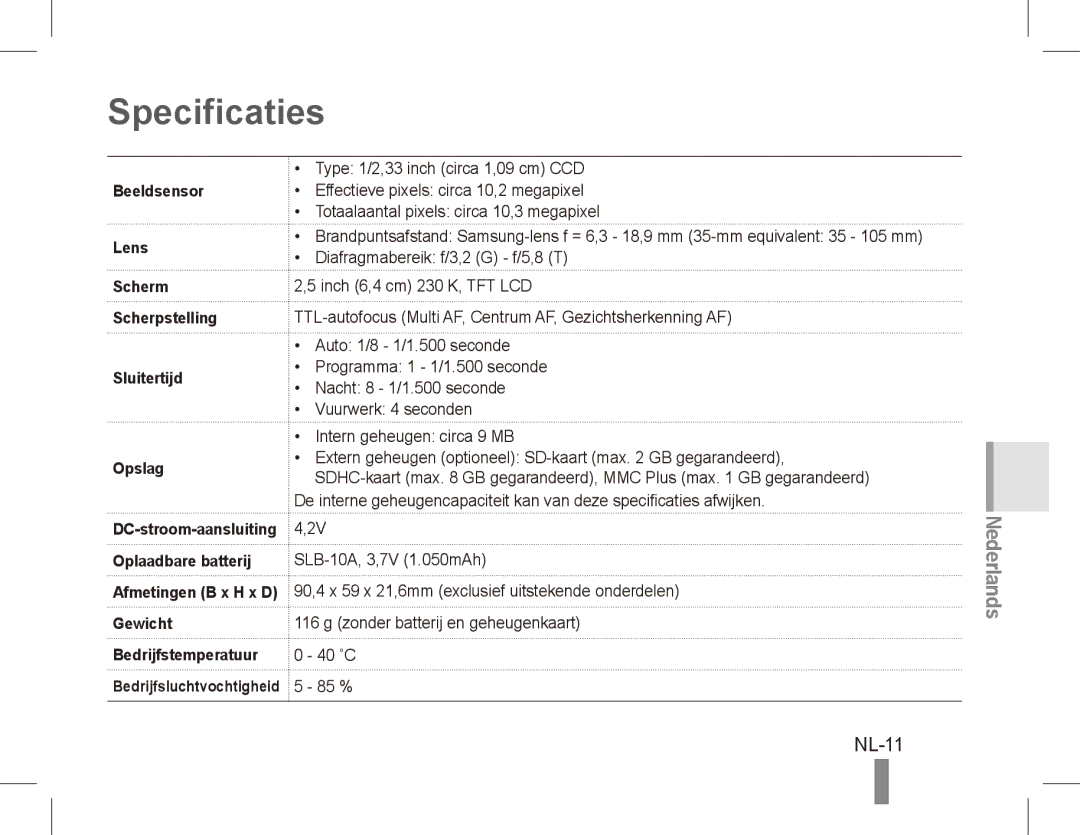 Samsung EC-ES55ZBBP/E1, EC-ES55ZPBP/FR Specificaties, NL-11, Beeldsensor Lens Scherm Scherpstelling Sluitertijd Opslag 