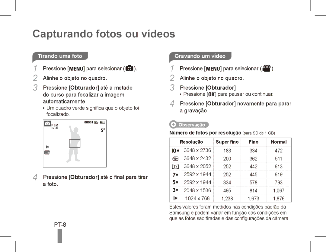 Samsung EC-ES55ZPBP/SA, EC-ES55ZPBP/FR, EC-ES55ZSBP/FR, EC-ES55ZABP/FR, EC-ES55ZBBP/FR manual Capturando fotos ou vídeos, PT-8 