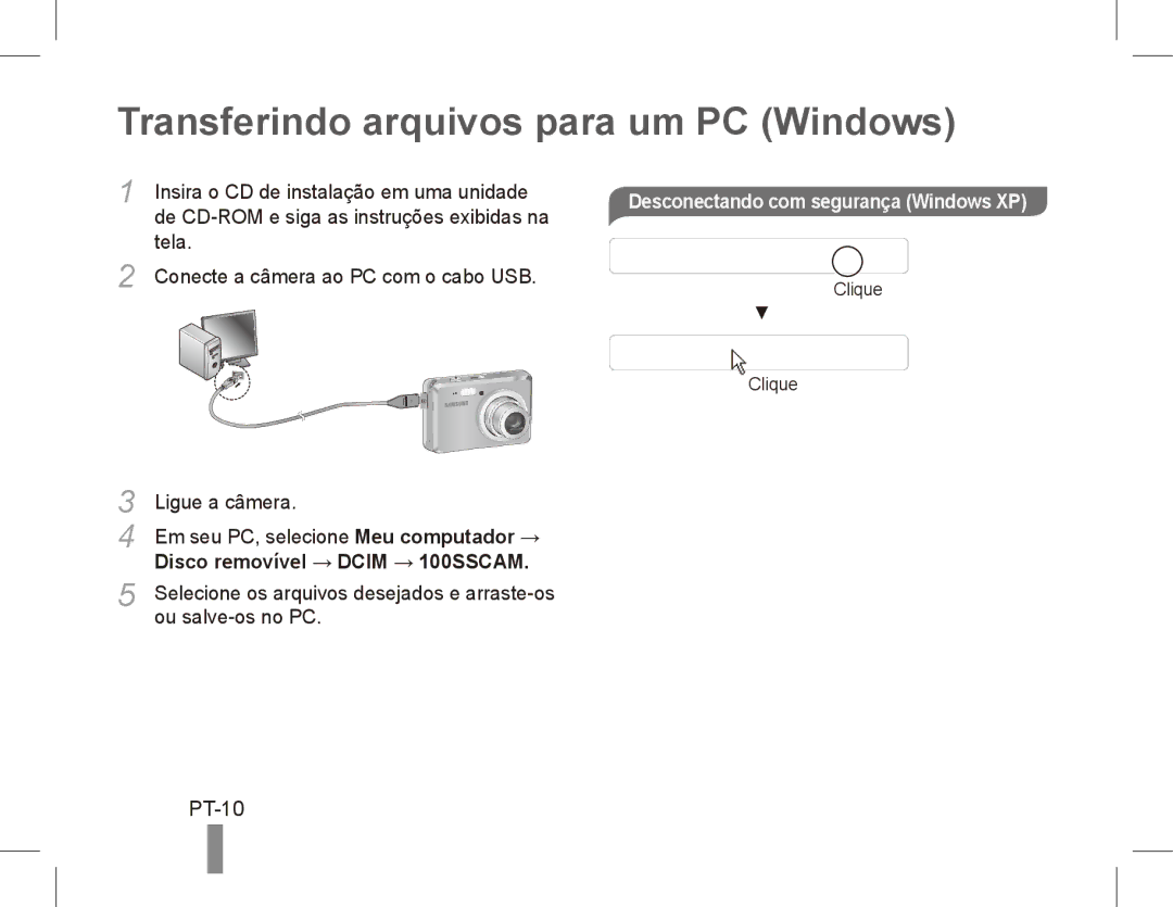 Samsung EC-ES55ZSDP/ME manual Transferindo arquivos para um PC Windows, PT-10, Desconectando com segurança Windows XP 