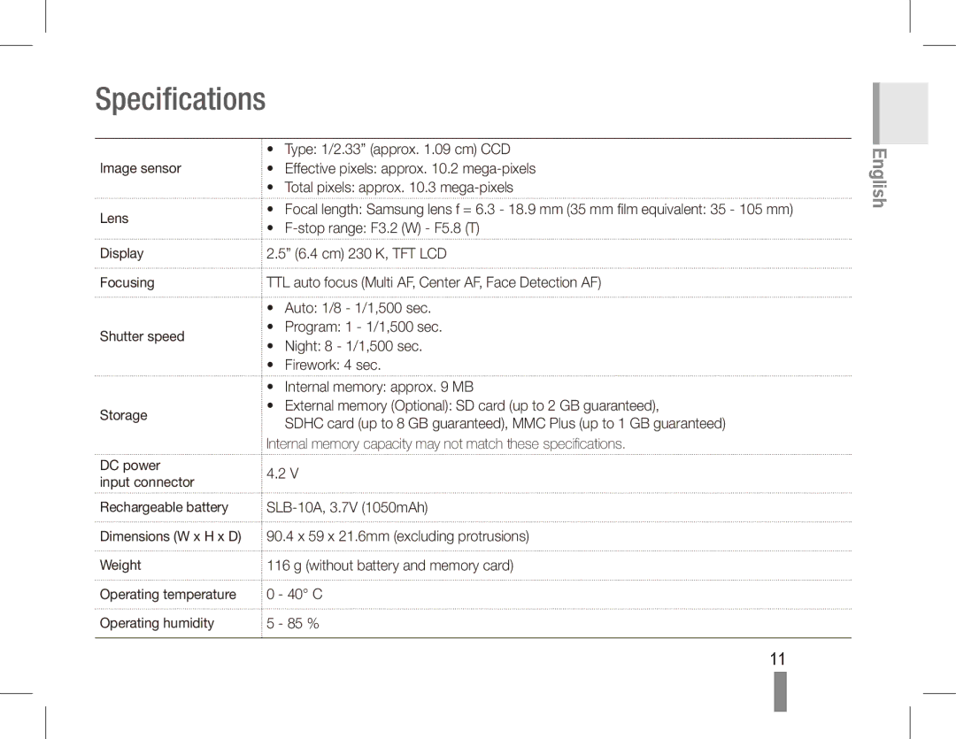 Samsung EC-ES55ZABP/AU, EC-ES55ZPBP/FR, EC-ES55ZSBP/FR, EC-ES55ZABP/FR, EC-ES55ZBBP/FR, EC-ES55ZSBP/IT manual Specifications 