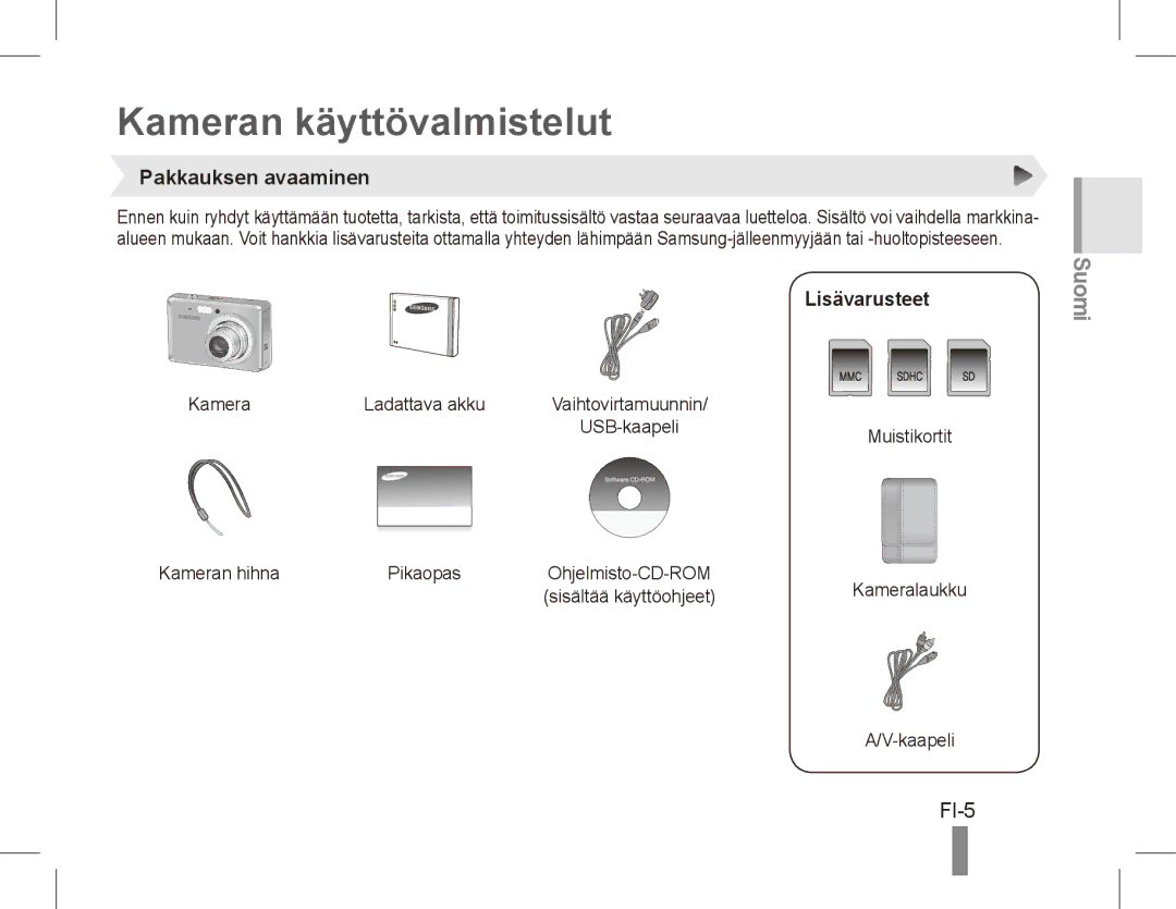 Samsung EC-ES55ZBBP/E1, EC-ES55ZPBP/FR, EC-ES55ZSBP/FR Kameran käyttövalmistelut, FI-5, Pakkauksen avaaminen, Lisävarusteet 