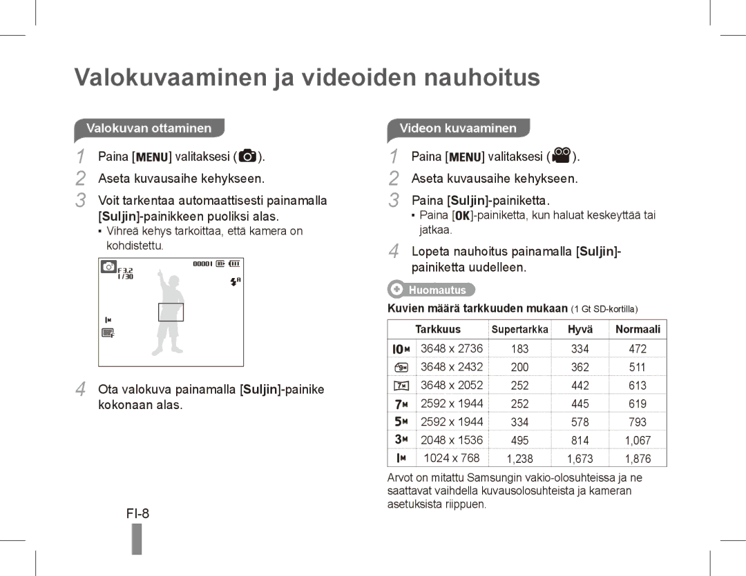 Samsung EC-ES55ZBDP/ME, EC-ES55ZPBP/FR, EC-ES55ZSBP/FR manual Valokuvaaminen ja videoiden nauhoitus, FI-8, Videon kuvaaminen 