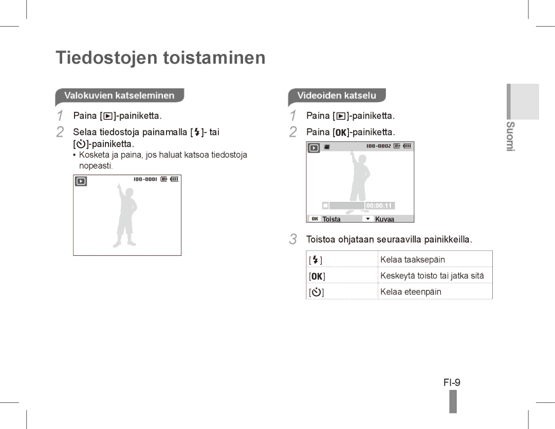 Samsung EC-ES55ZPBP/ME, EC-ES55ZPBP/FR manual Tiedostojen toistaminen, FI-9, Valokuvien katseleminen, Paina -painiketta 