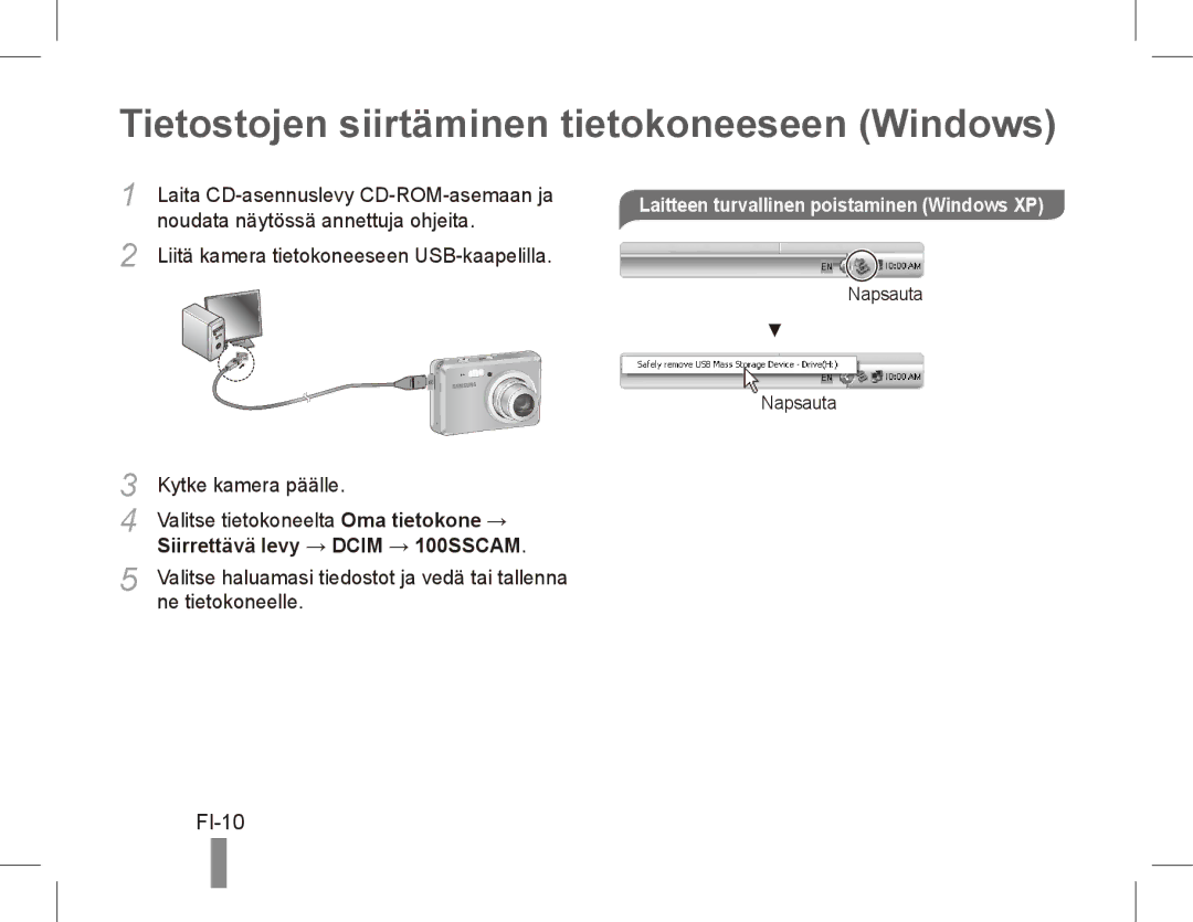 Samsung EC-ES55ZBBP/SA Tietostojen siirtäminen tietokoneeseen Windows, FI-10, Laitteen turvallinen poistaminen Windows XP 